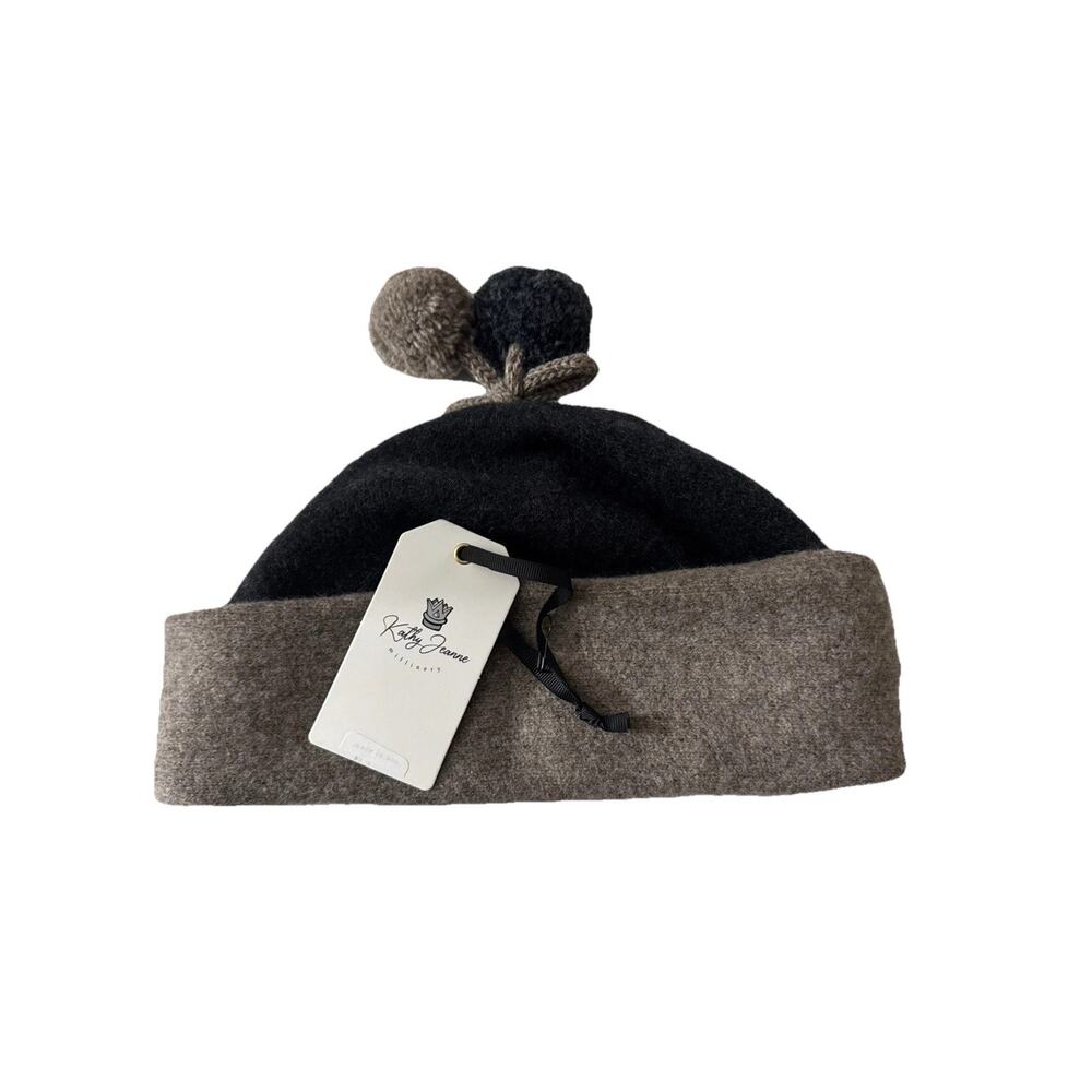 Kathy Jeanne Millinery Wool Beret Hat Gray Taupe Double Pom Winter New USA MADE